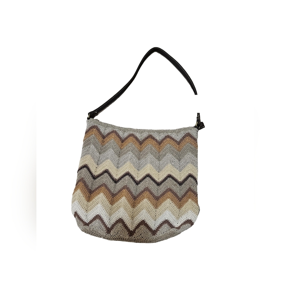 Brown And Tan Chevron Patterned Shoulder Bag.